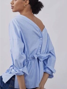 Harshman Anthropologie Blue White Striped Tie-Back Blouse Button Back Shirt